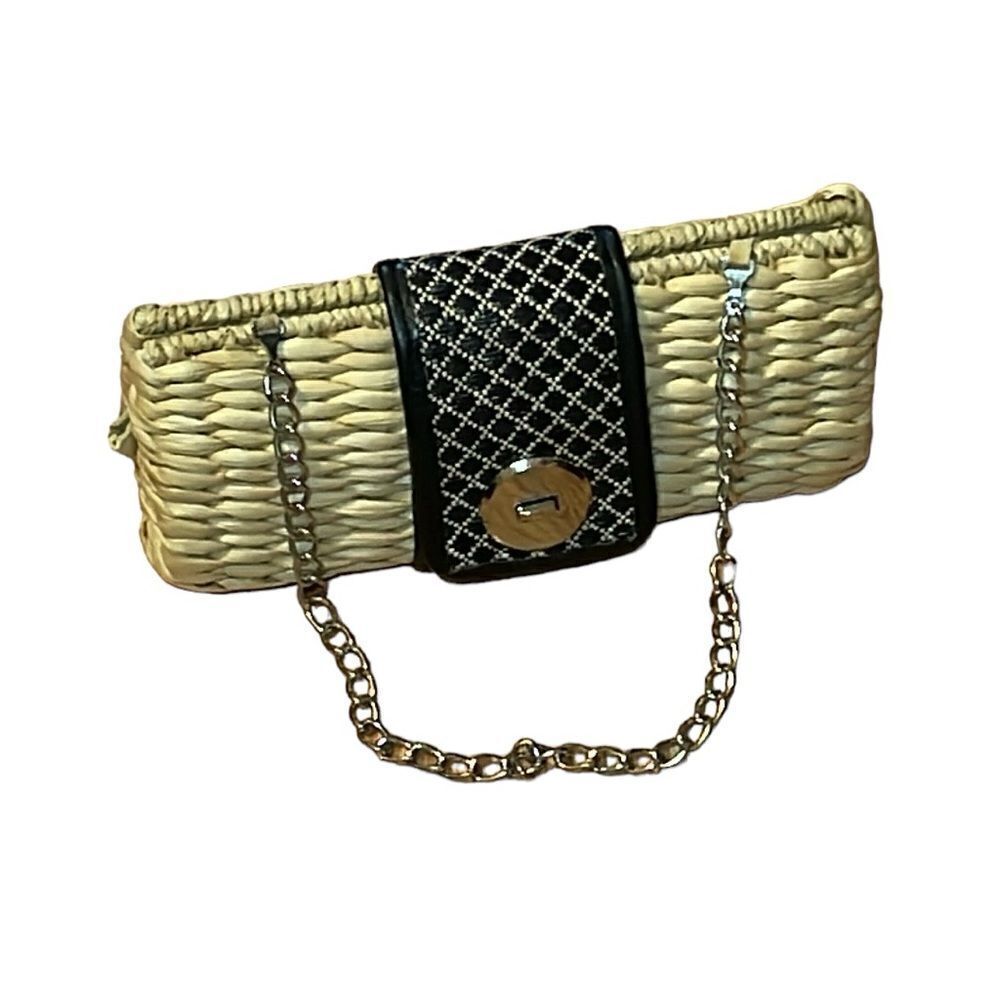 Woven Straw Clutch with Black Quilted Accent and Chain Strap